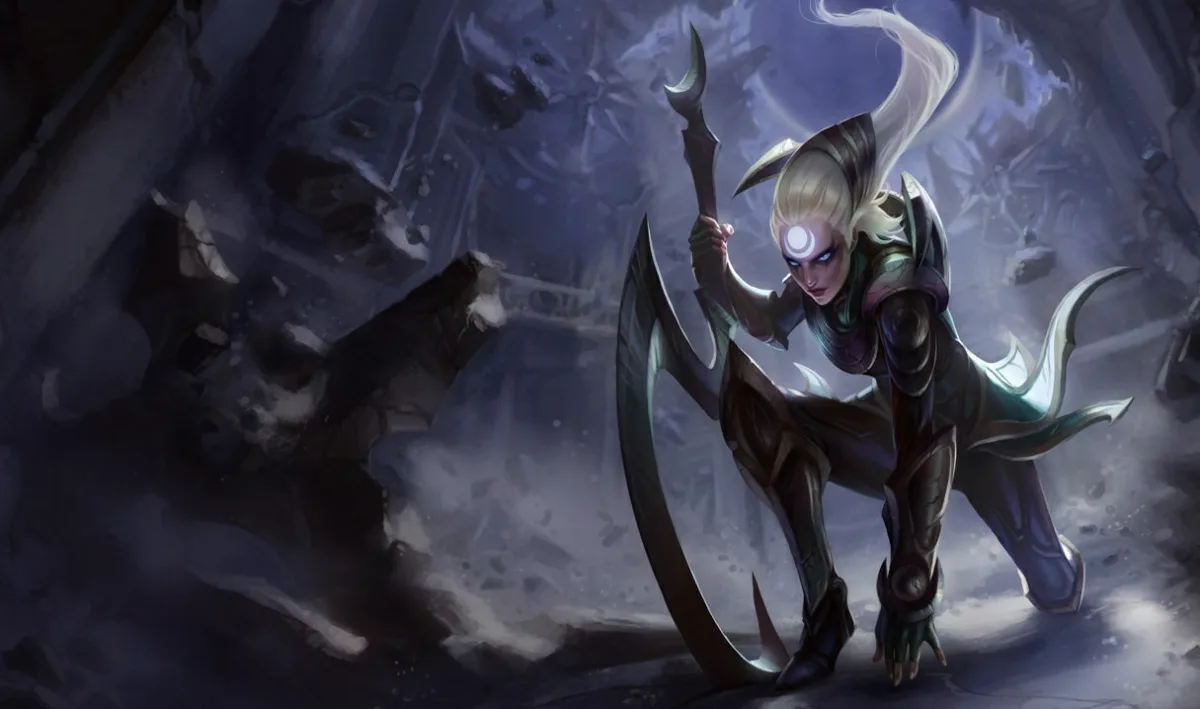 Diana holding her crescent blade under moonlight in official League of Legends splash art