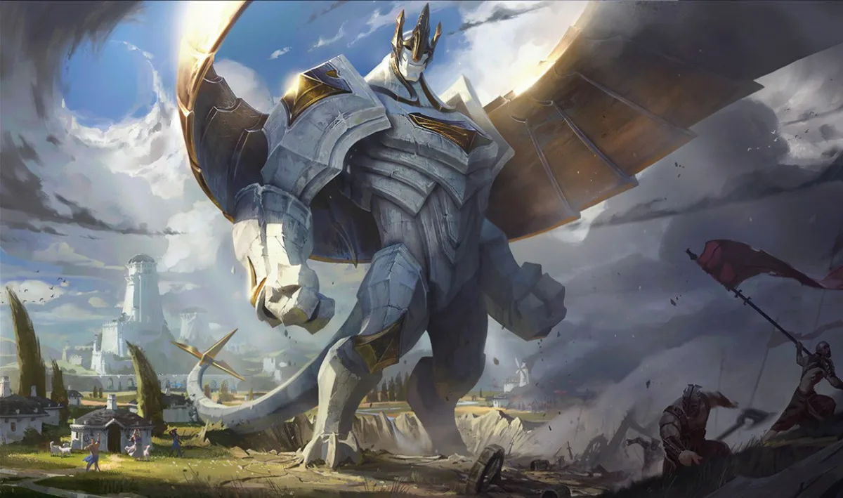 Galio towering over Demacian soldiers in official League of Legends splash art