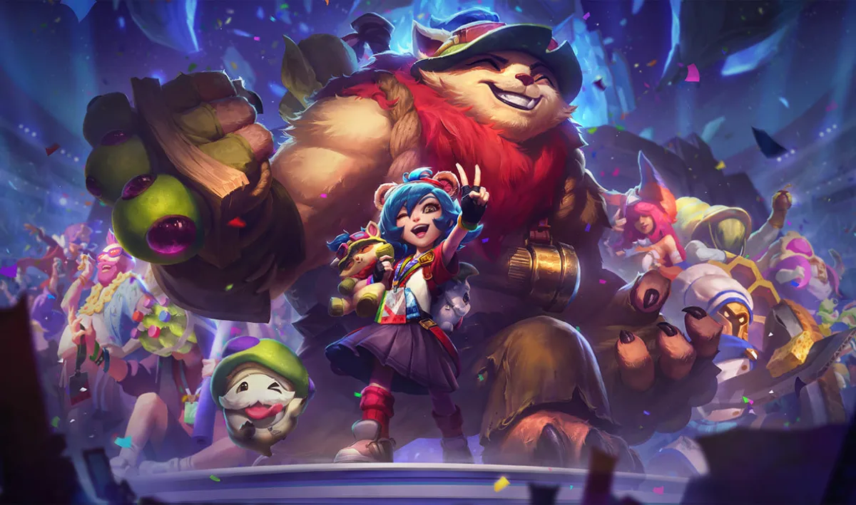 Annie celebrating with Tibbers and other champions in official Annie-Versary splash art