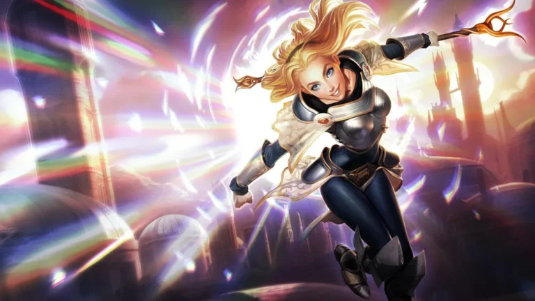 Lux reaching forward with her staff as bands of light cross a city