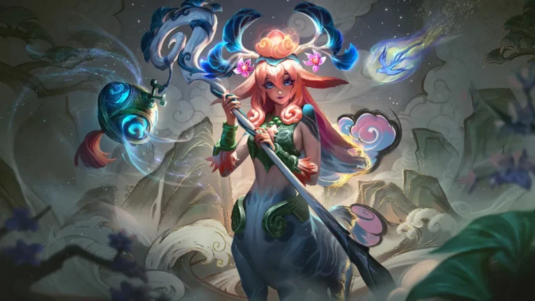 Shan Hai Scrolls Lillia holds a curved staff beneath blue antlers and pink flowers, with glowing creatures around her.
