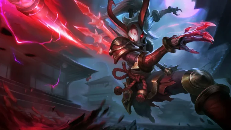 Blood Moon Kalista wears a horned white mask and dark armor while red spectral spears flare behind her under a full moon.