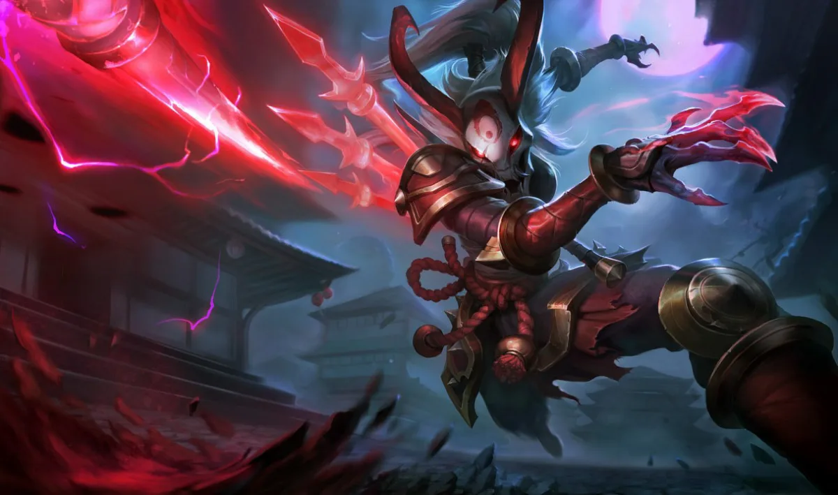 Blood Moon Kalista wears a horned white mask and dark armor while red spectral spears flare behind her under a full moon.