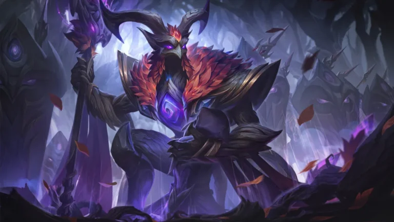 Elderwood Azir holds a staff in a violet forest, with branching horns, an orange leaf collar and a glowing spiral in his chest.