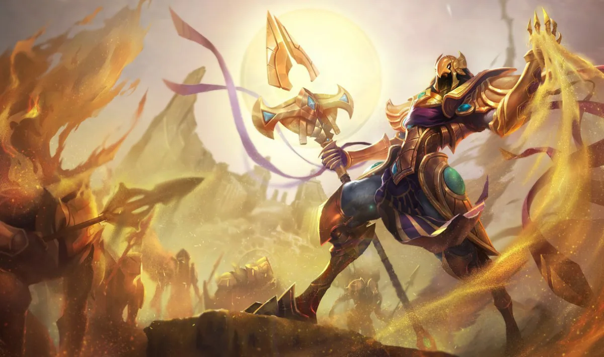 Azir wears a golden bird-shaped helmet and violet cloth, holding a long staff while raising his open hand above swirling sand.