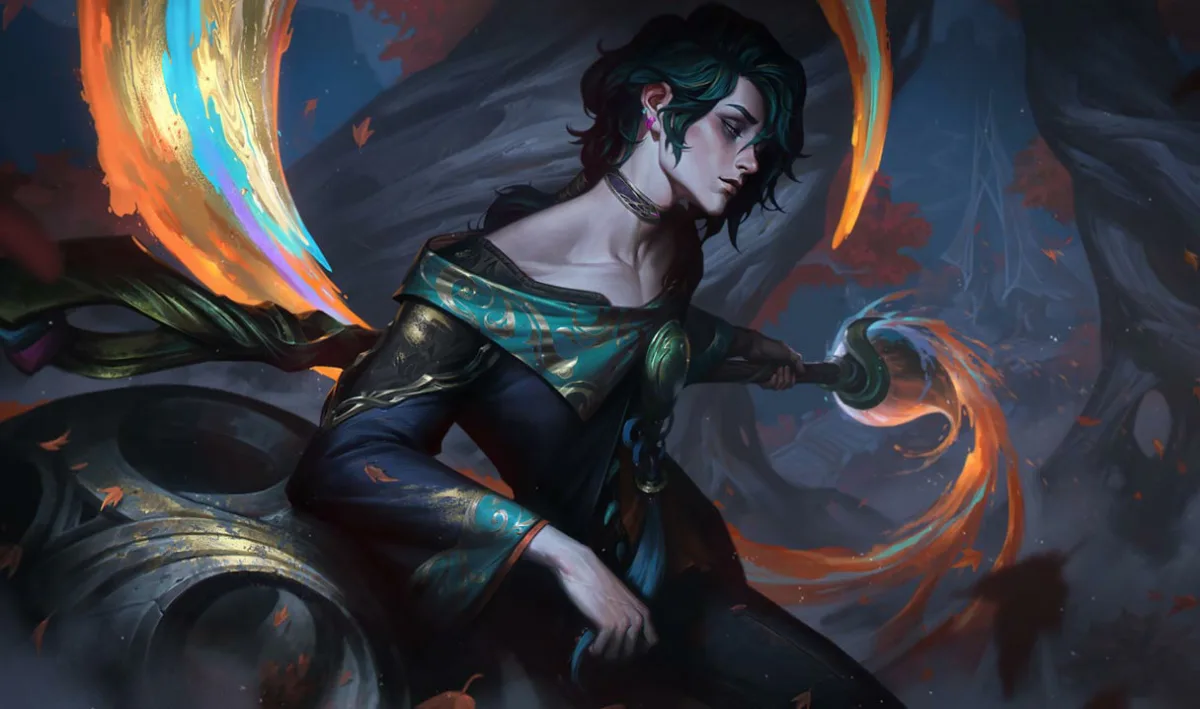 Hwei holds a long paintbrush behind his shoulders, surrounded by orange and turquoise paint with scattered orange leaves.