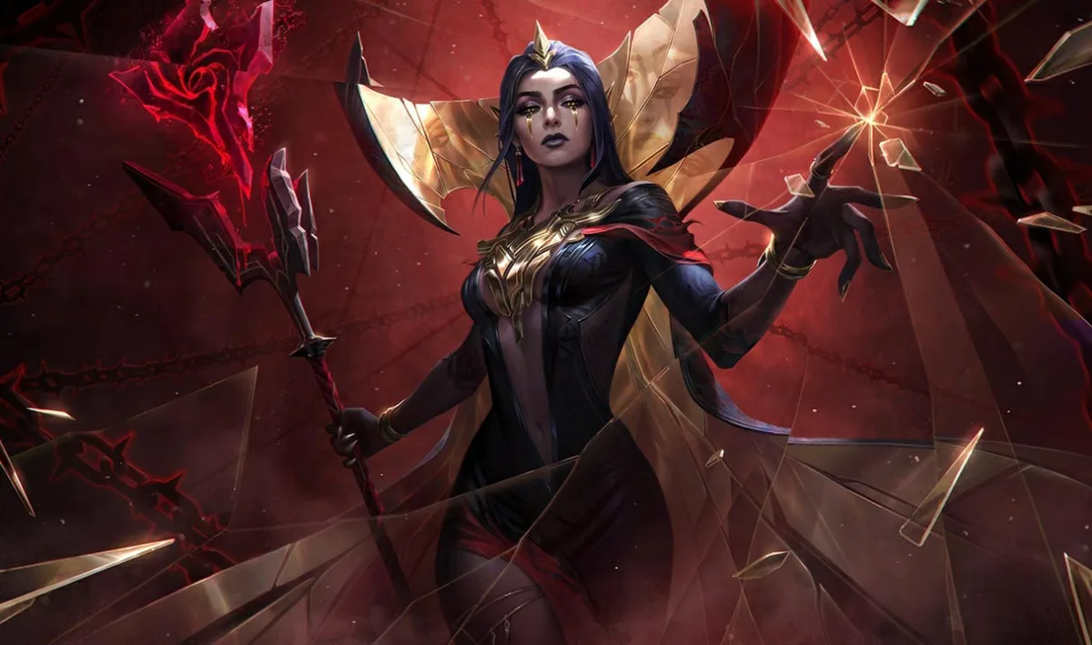 LeBlanc wears a pointed gold collar and dark armor, holding a rose-topped staff beside fractured reflective glass.