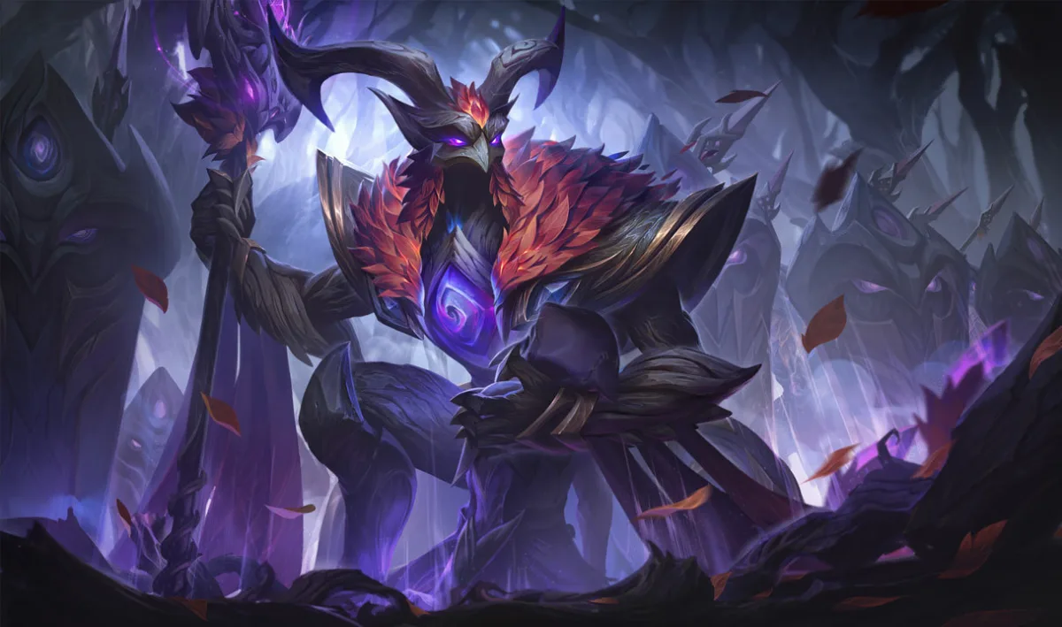 Elderwood Azir holds a staff in a violet forest, with branching horns, an orange leaf collar and a glowing spiral in his chest.