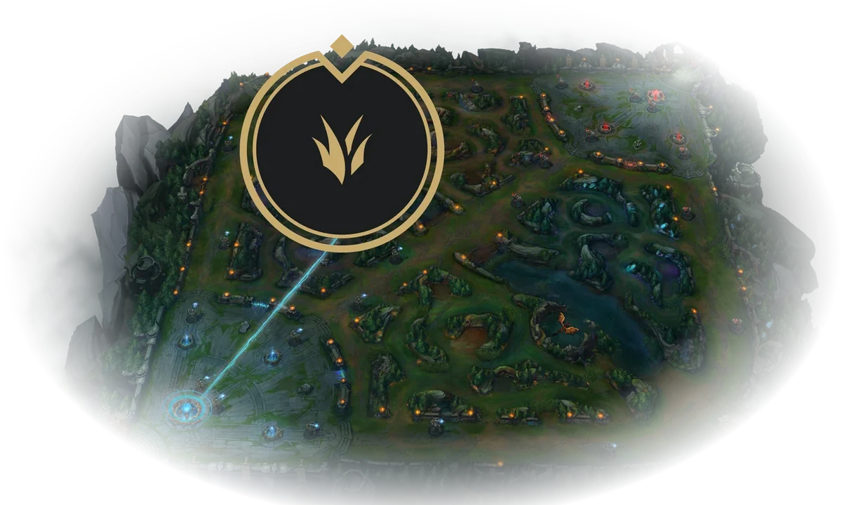 Summoner's Rift overview with a large gold jungle-role emblem and a blue line from the blue-side base.