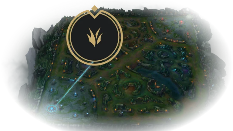 Summoner's Rift overview with a large gold jungle-role emblem and a blue line from the blue-side base.