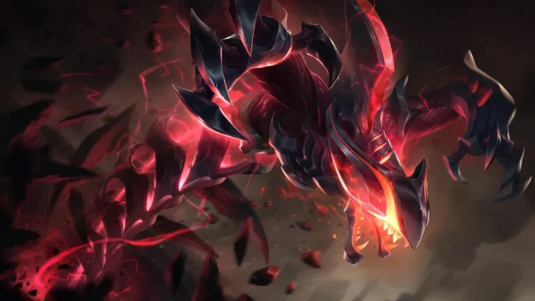 Eternum Rek'Sai lunges forward in black angular armor surrounded by red light and flying fragments.