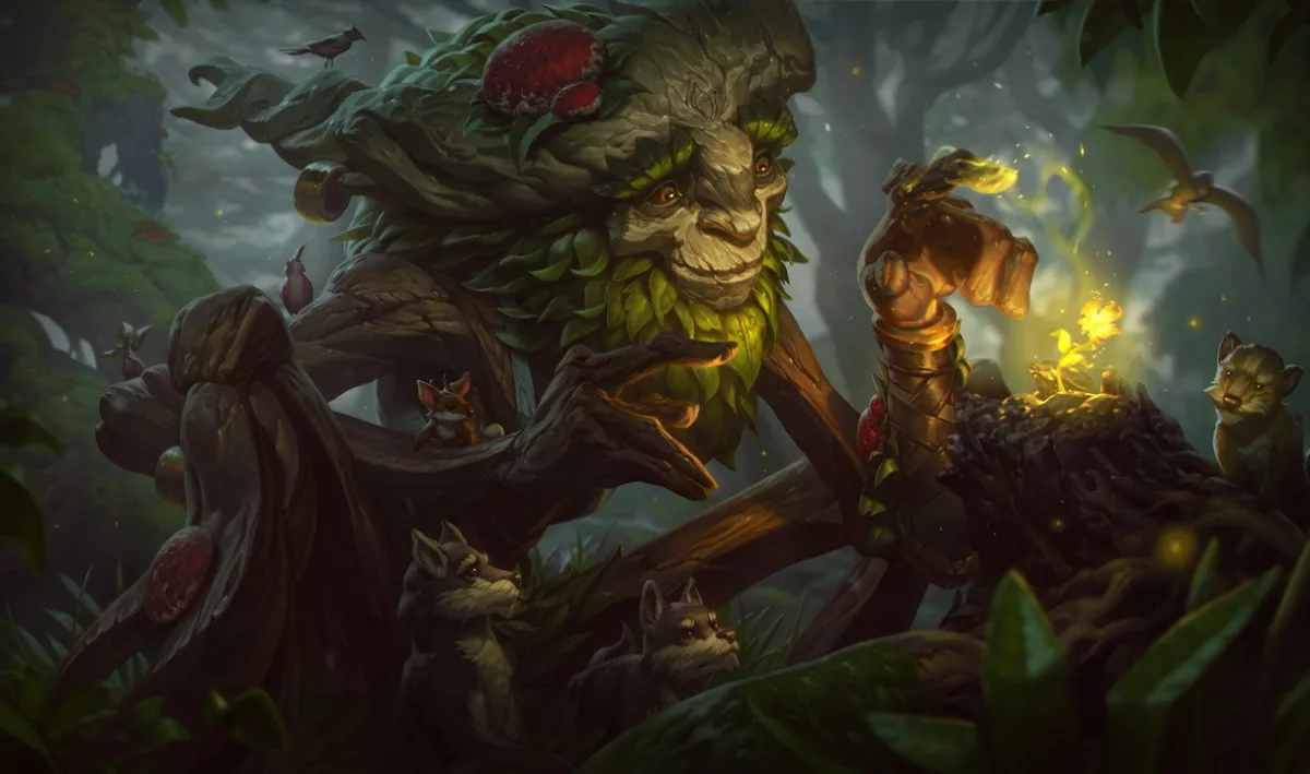 Ivern smiles beneath leafy branches while woodland animals watch golden light gather over a tree stump.