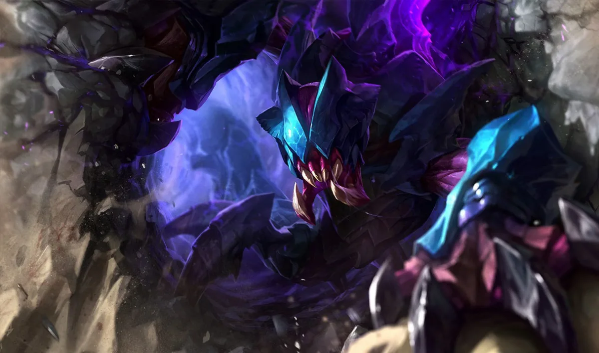 Rek'Sai breaks through rock with a purple armored body, cyan blades and an open tooth-lined mouth.