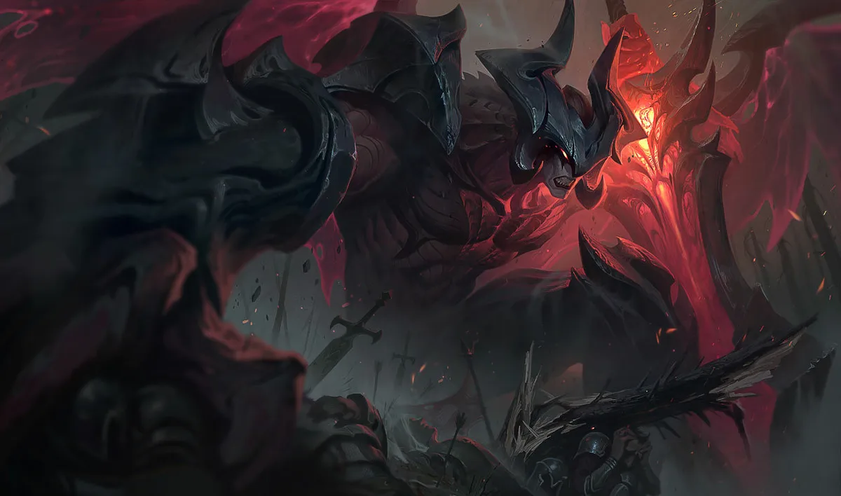 Aatrox looming over a battlefield with a glowing red greatsword