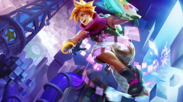 Arcade Ezreal leaps through a bright pixelated scene with a green game-controller gauntlet and purple scarf