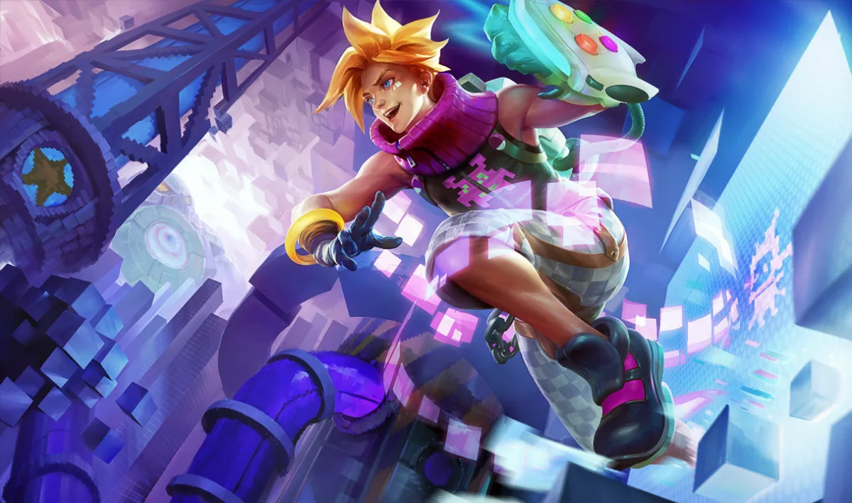 Arcade Ezreal leaps through a bright pixelated scene with a green game-controller gauntlet and purple scarf
