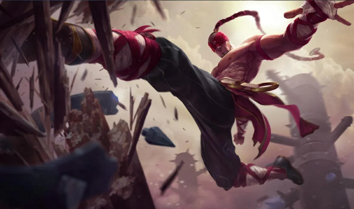 Lee Sin wearing a red blindfold and long braid as he kicks through a wooden training target