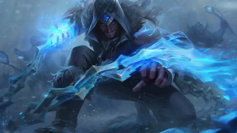 Freljord Sylas crouches in a fur-lined hood with glowing blue ice around his chains.