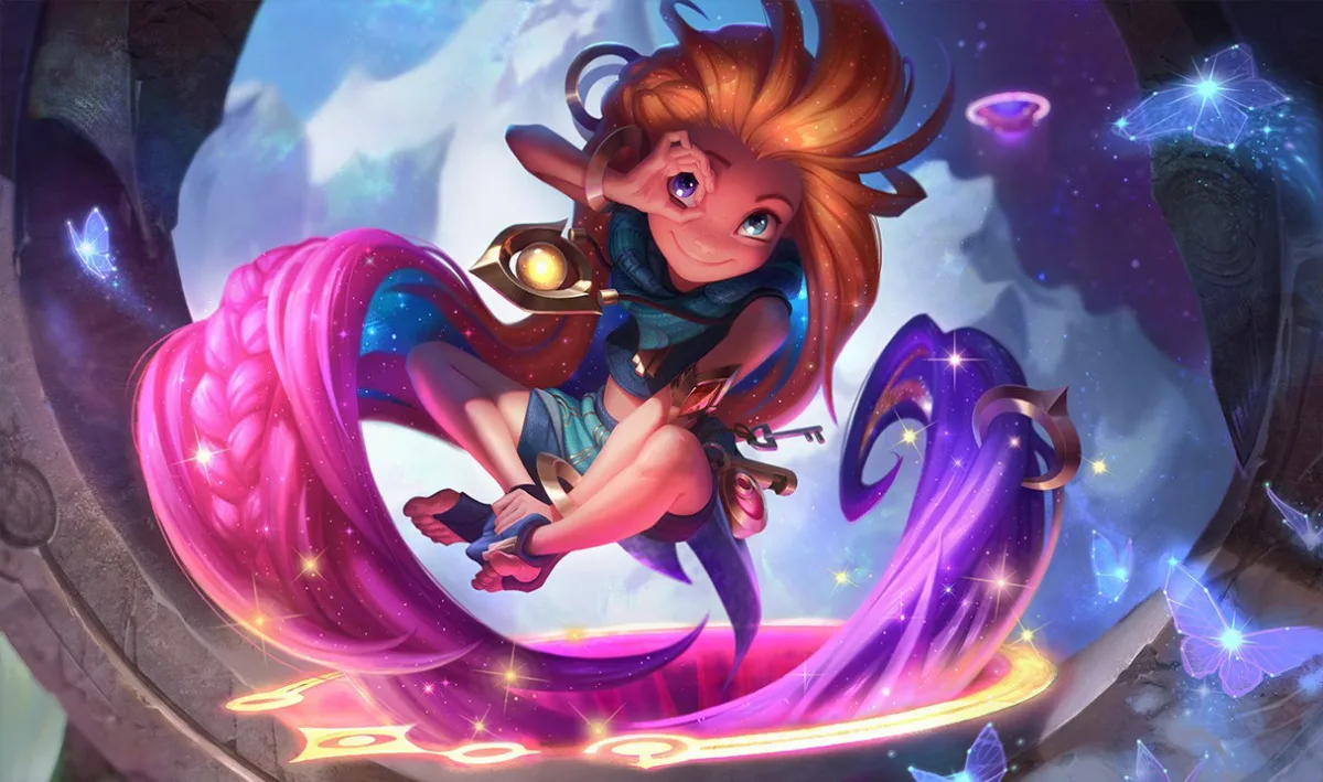 Zoe floats inside a stone ring with orange hair and curling pink and purple magic.