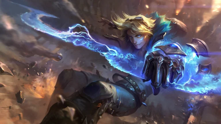 Ezreal reaching forward with his metal gauntlet amid blue magical energy