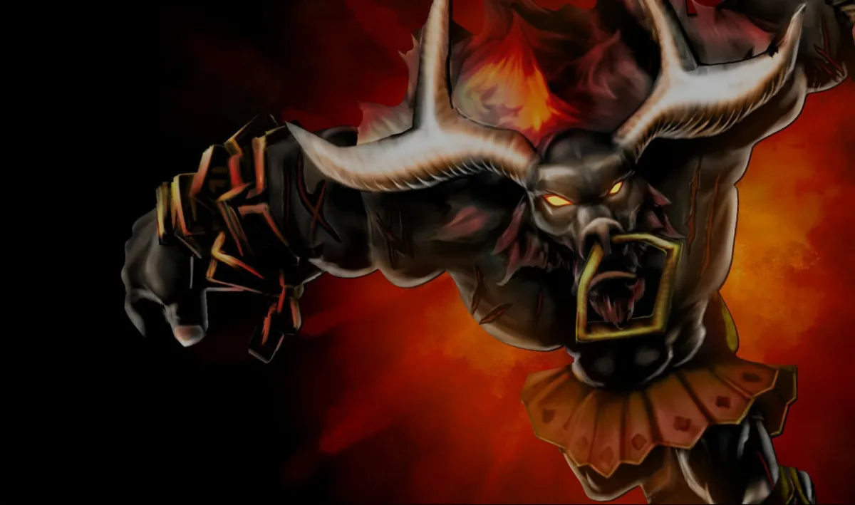 Black Alistar splash art showing the minotaur in dark armor and a red-lit arena