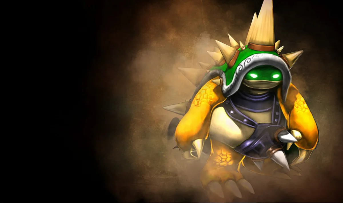 King Rammus splash art showing the armored armadillo in a spiked gold shell