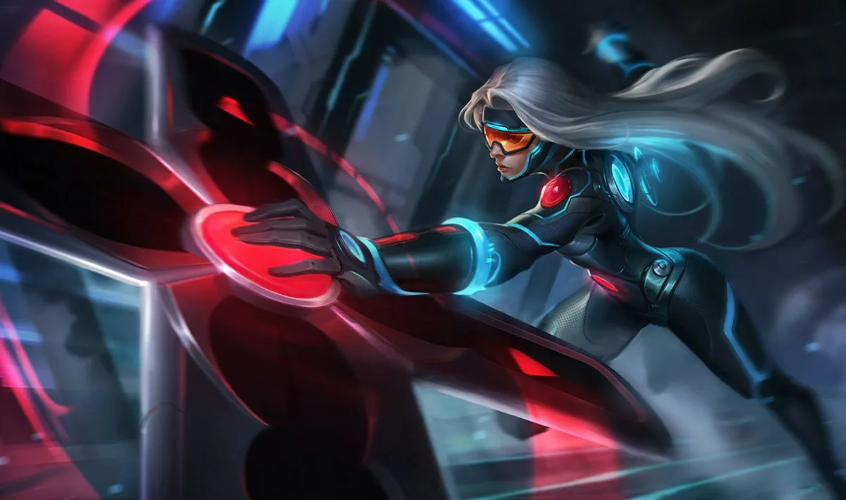 PAX Sivir splash art with Sivir in blue armor holding a broad circular blade