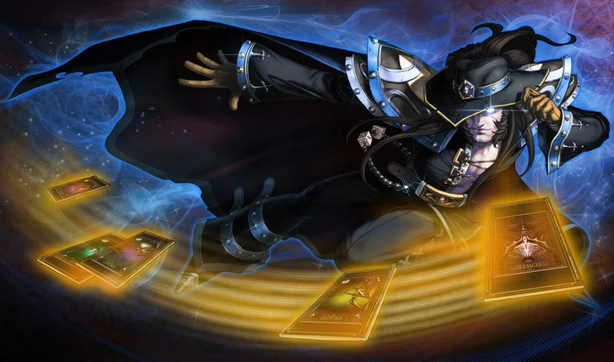 PAX Twisted Fate splash art with the card master in blue convention-themed clothing