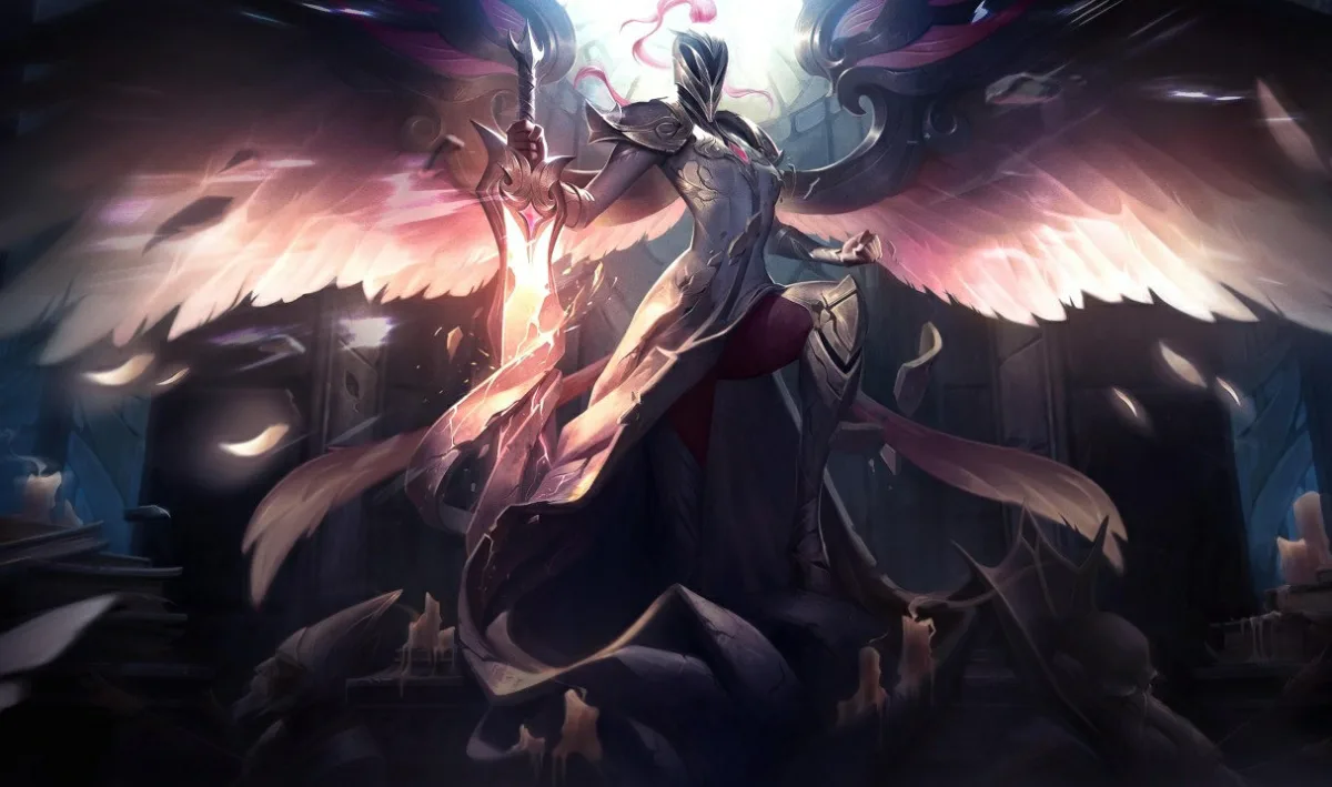 Founders Silver Kayle splash art with Kayle in silver plate and luminous white wings