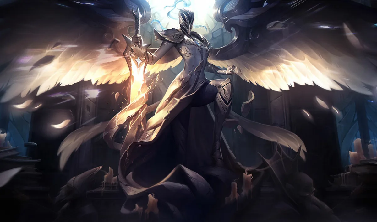 Silver Kayle splash art with silver armor, pale wings, and a glowing sword