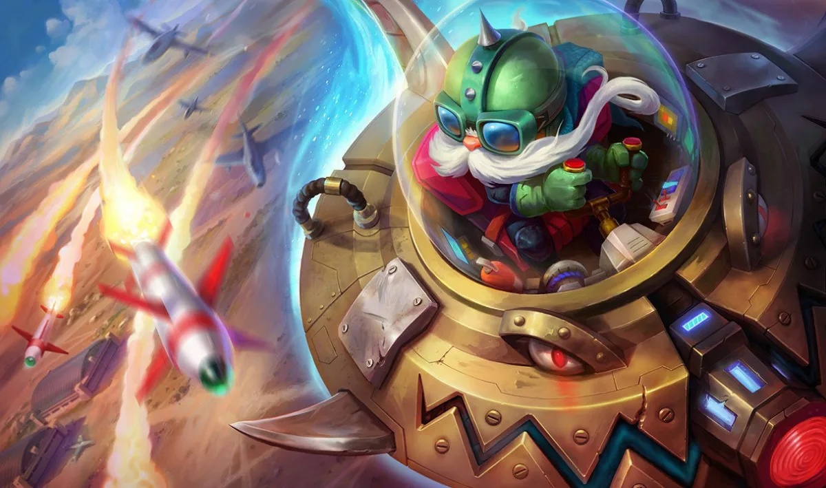 UFO Corki flying a bronze saucer with a blue canopy beside a yellow-orange missile trail