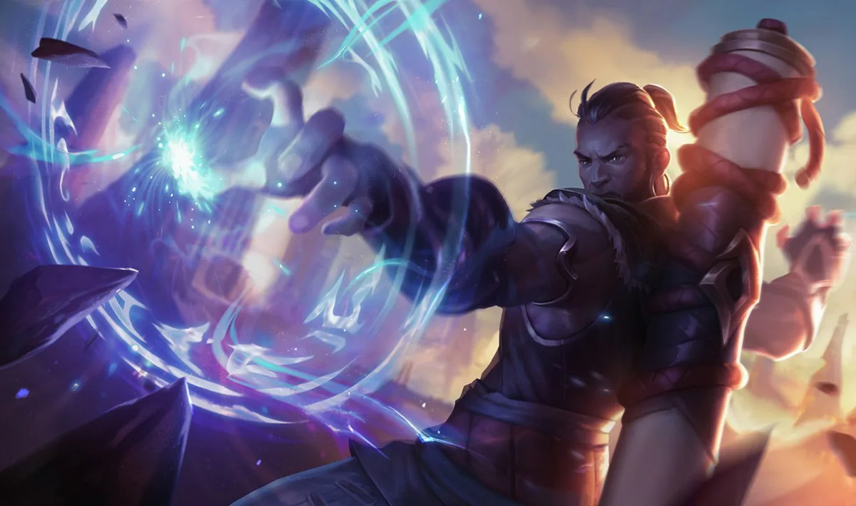 Young Ryze splash art showing a human mage with a scroll and blue magic