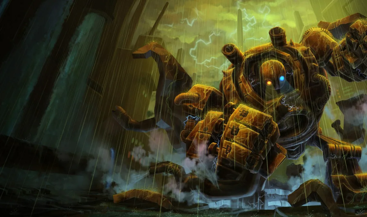 Rusty Blitzcrank charging through heavy rain in an industrial district