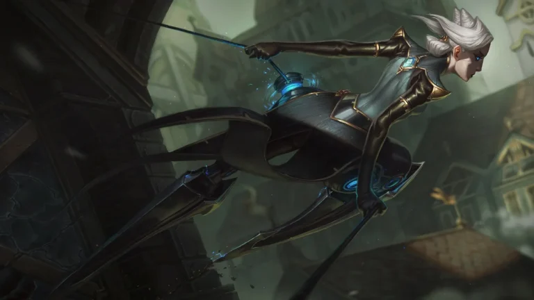 Camille leaping between buildings with steel blade legs and taut cables