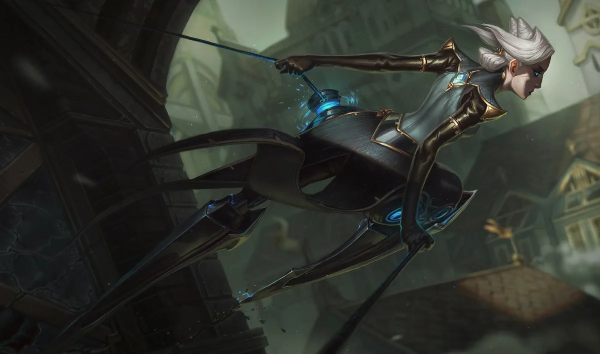 Camille leaping between buildings with steel blade legs and taut cables