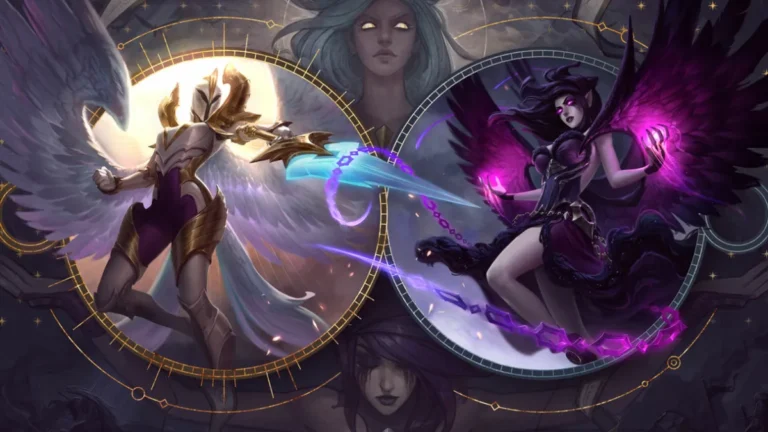 Morgana on the right with purple wings and glowing chains, opposite Kayle in shared artwork