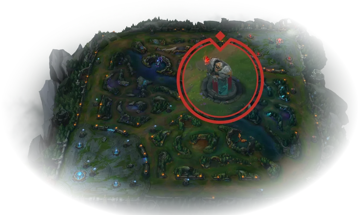 Riot illustration of Summoner's Rift with a red-ringed enlarged turret above the middle lane