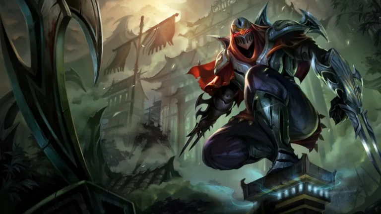 Zed crouching on a stone post in bladed armor with glowing red eyes