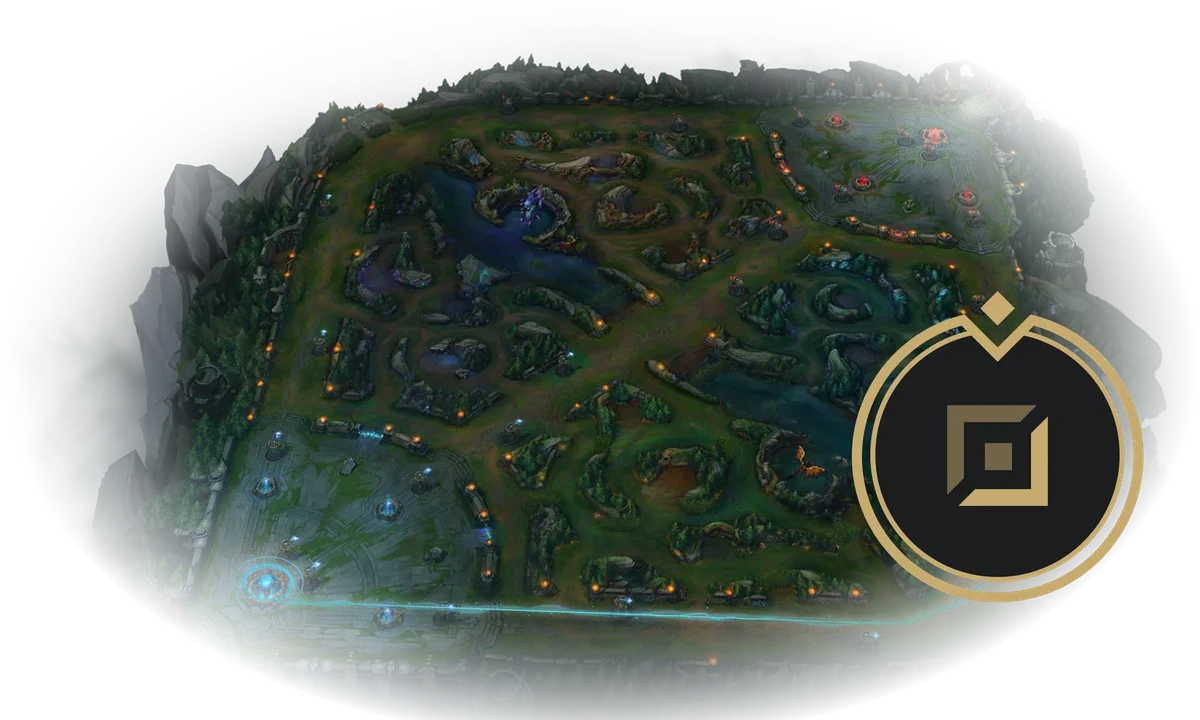 Riot's introductory Summoner's Rift map with a blue path along bottom lane and the gold bot-lane role symbol
