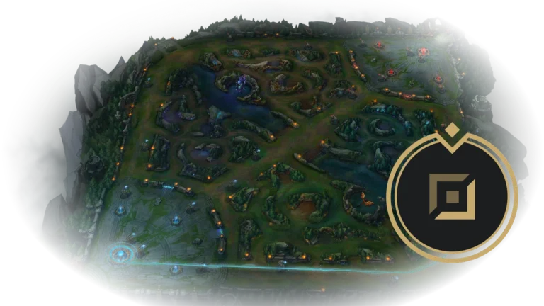 Riot's introductory Summoner's Rift map with a blue path along bottom lane and the gold bot-lane role symbol