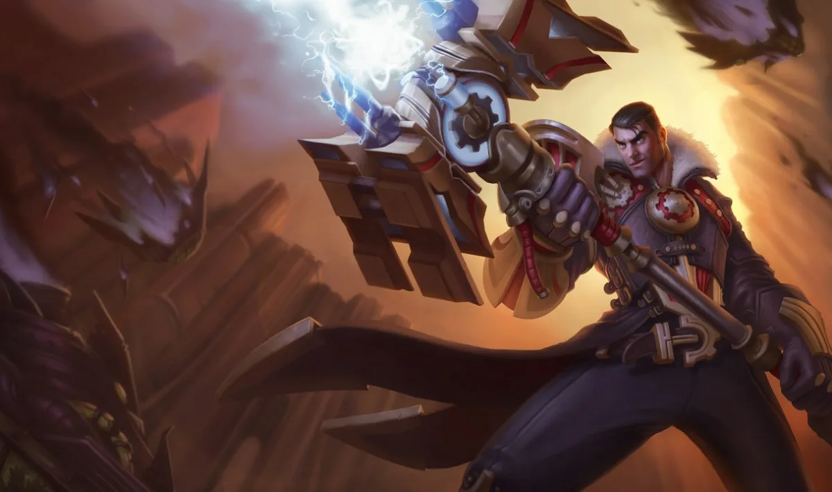 Jayce holding the Mercury Hammer above Piltover