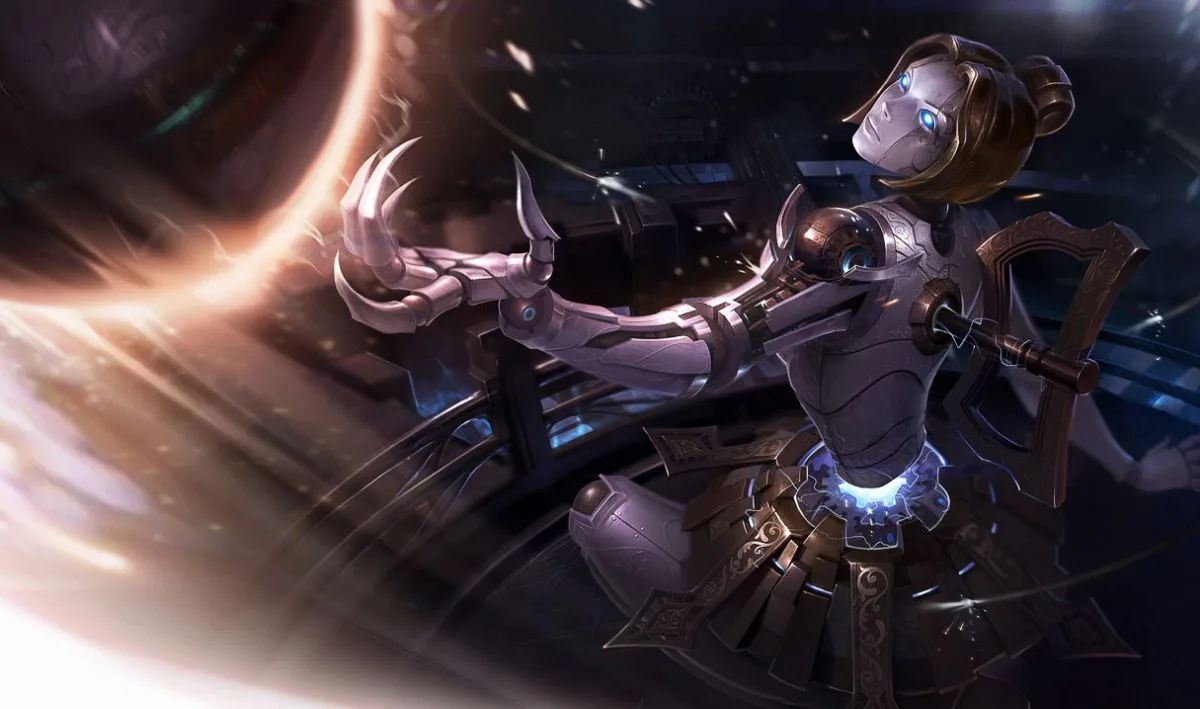 Orianna directing the Ball across a shadowed workshop